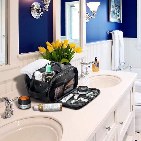 Elviros Other - Elviros Toiletry Bag Large Travel Shaving Organizer  Black Leather 12"x6.7"x7.1"